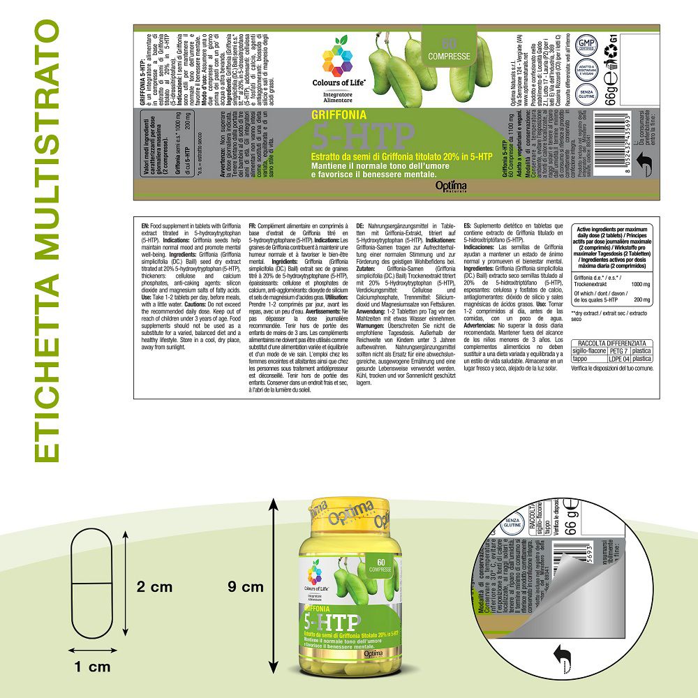 Etikettendetails und Abmessungen: Kapsel (1x2 cm), Behälter (9 cm hoch), mit "Griffonia 5-HTP" und Produktinformationen.