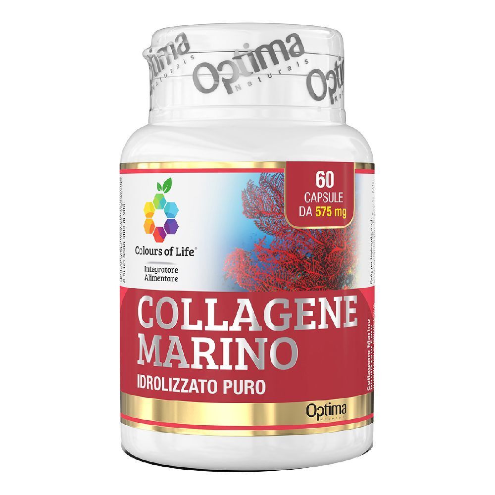Flacone bianco con capsule. Scritta: COLLAGENE MARINO IDROLIZZATO PURO. Logo: Colori della vita.