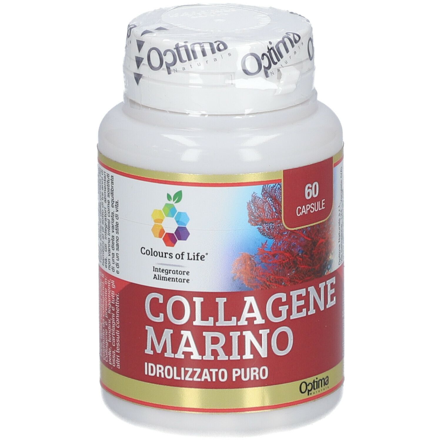 Flacone bianco con capsule. Scritta: COLLAGENE MARINO IDROLIZZATO PURO. 60 capsule.