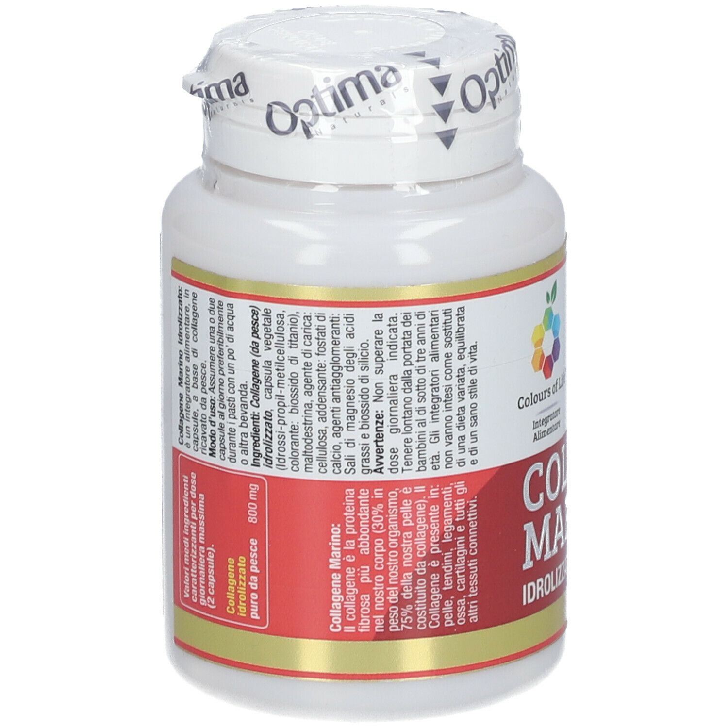 Flacone bianco con capsule. Scritta: COLLAGENE MARINO IDROLIZZATO PURO. Retro con testo.