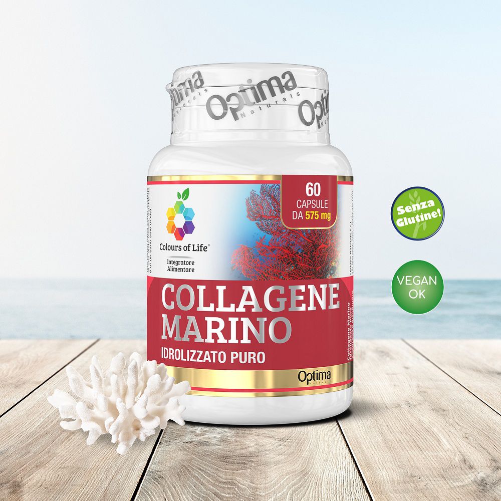 Flasche "Collagen Marino" mit "Vegan OK" und "Senza Glutine" Zertifikaten.