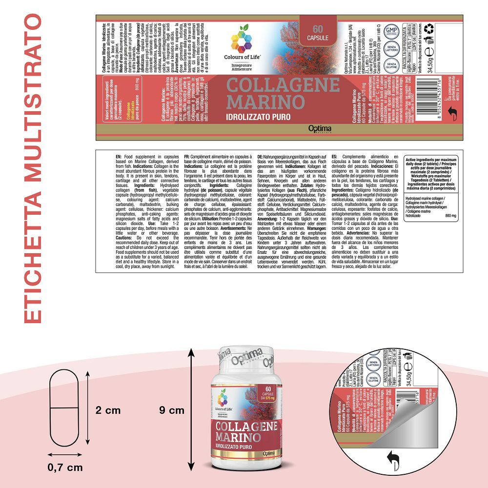 Verpackung und Details von "Collagen Marino Idrolizzato Puro" mit Größenangaben.