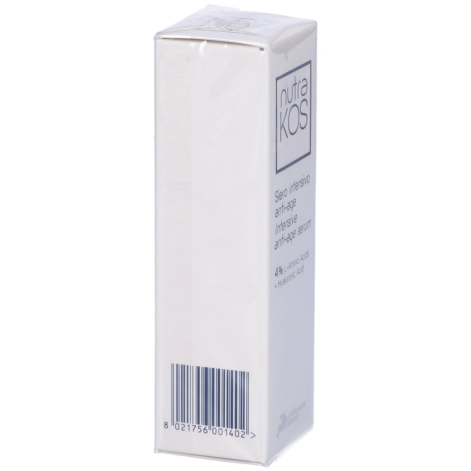 Scatola bianca con scritta: nutraKOS, Siero intensivo anti-age, 4% Aminoacidi L + Acido Ialuronico. Codice a barre.