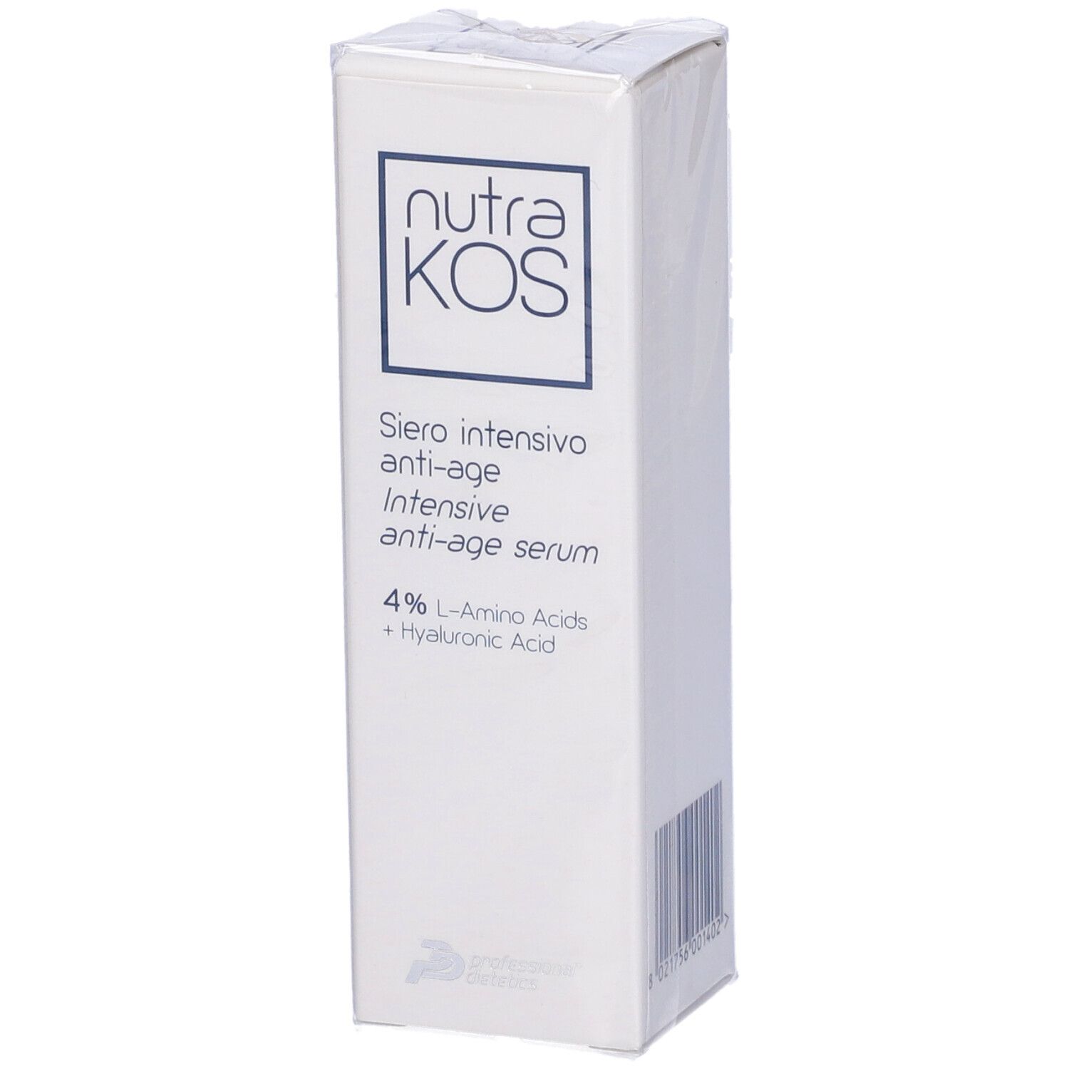 Scatola bianca con scritta: nutraKOS, Siero intensivo anti-age, 4% Aminoacidi L + Acido Ialuronico. Retro.