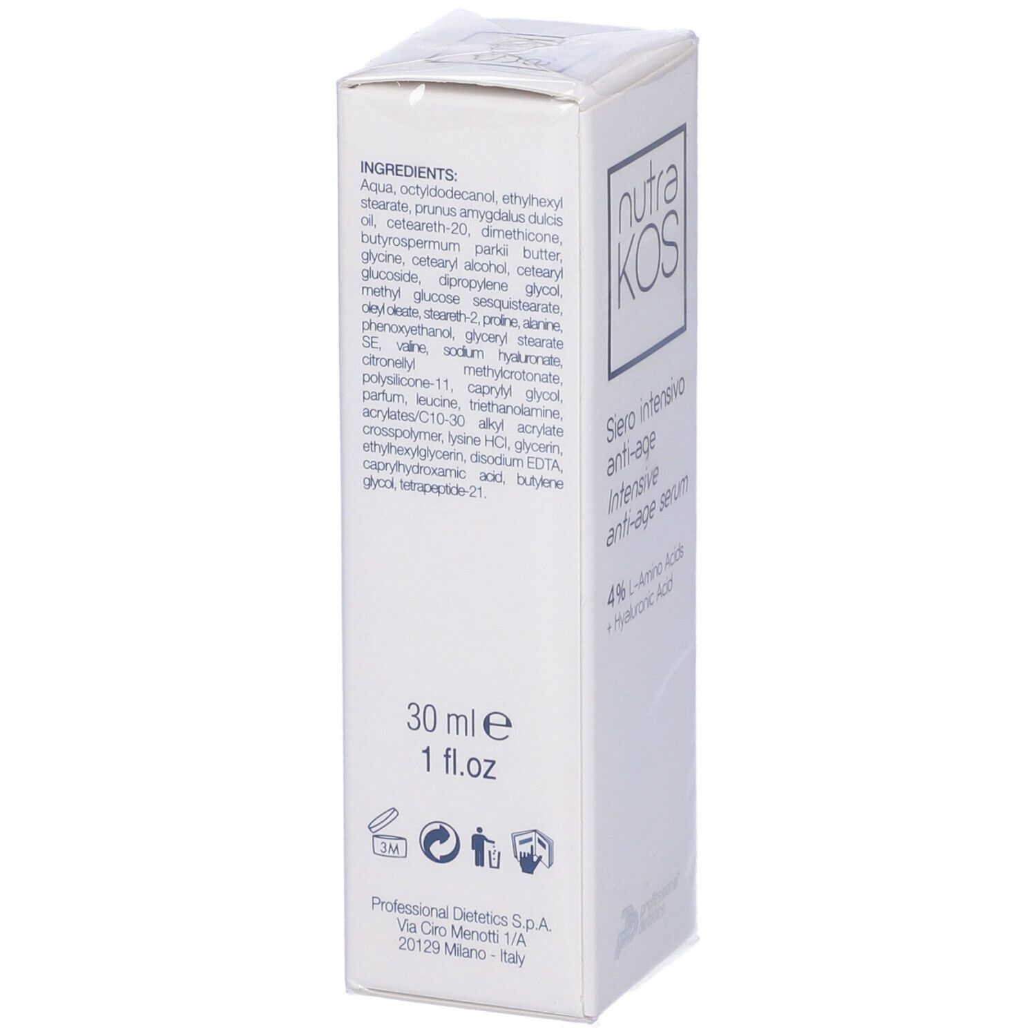 Scatola bianca con scritta: nutraKOS, Siero intensivo anti-age, 4% Aminoacidi L + Acido Ialuronico. Ingredienti.