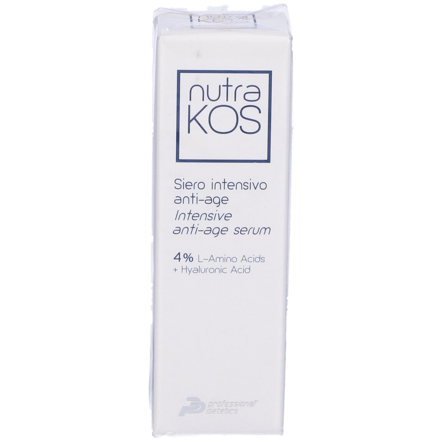 Scatola bianca con scritta: nutraKOS, Siero intensivo anti-age, 4% Aminoacidi L + Acido Ialuronico. Vista laterale.