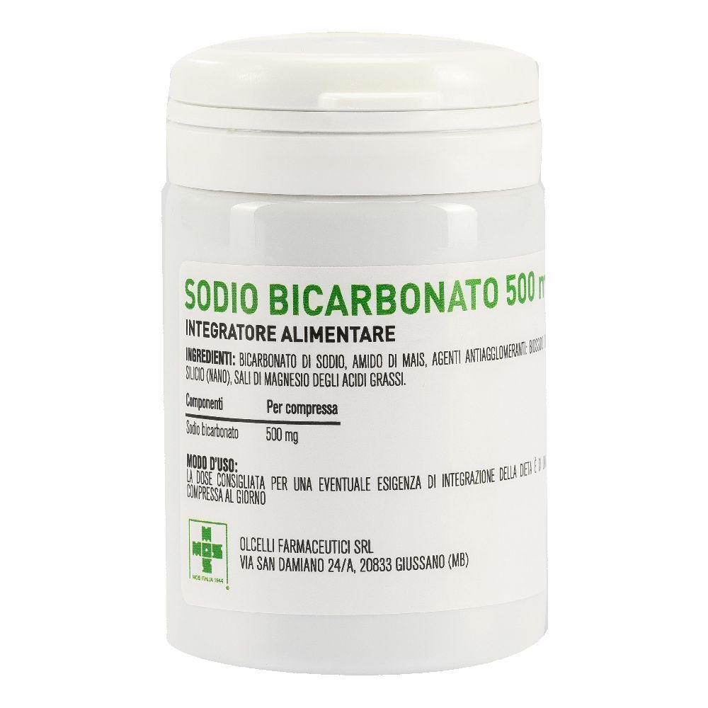 Contenitore cilindrico bianco con tappo a vite. Scritta: Sodio Bicarbonato 500mg. Etichetta con ingredienti e dosaggio.