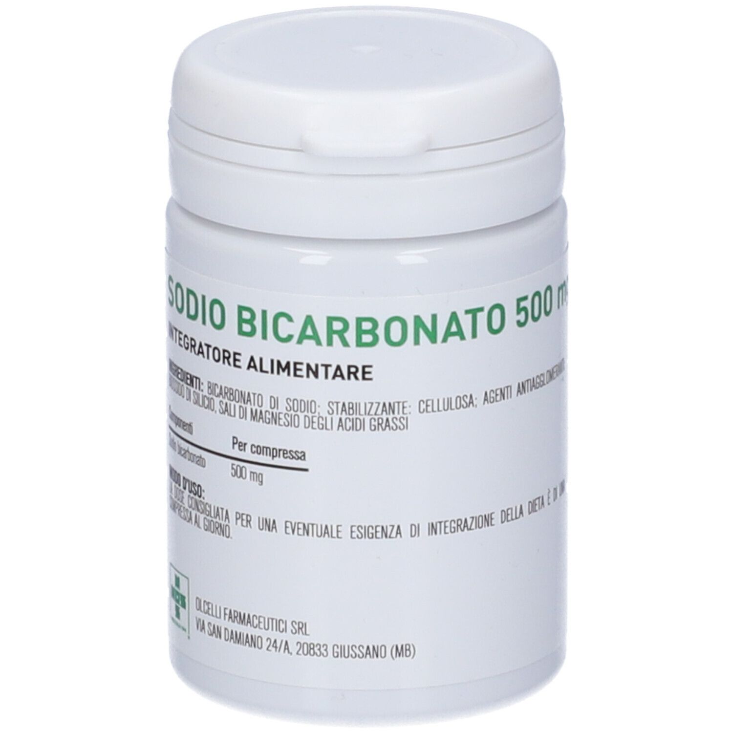 Contenitore cilindrico bianco con tappo a vite. Scritta: Sodio Bicarbonato 500mg. Etichetta con ingredienti e dosaggio.