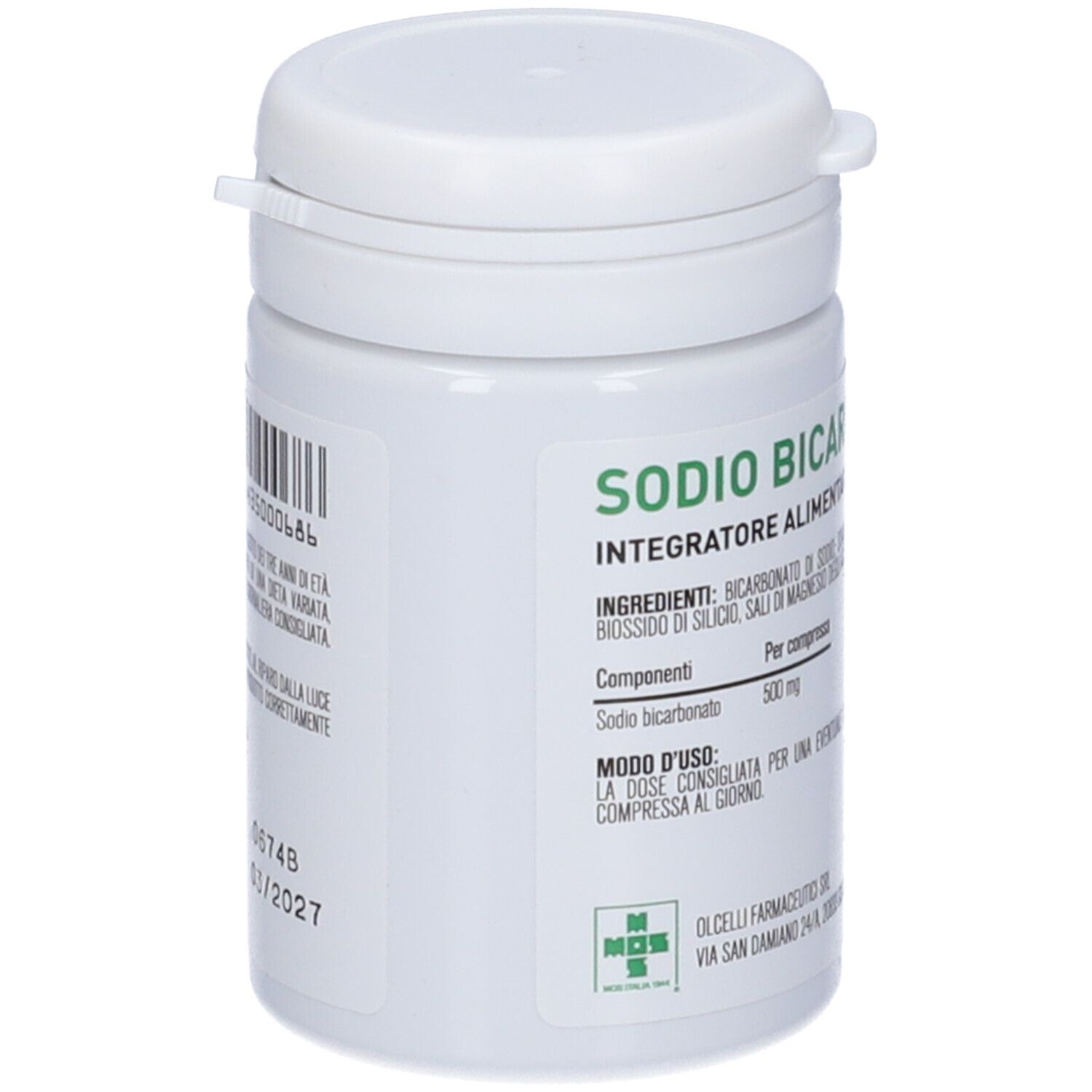 Contenitore cilindrico bianco con tappo a vite. Scritta: Sodio Bicarbonato 500mg. Etichetta con ingredienti e dosaggio.