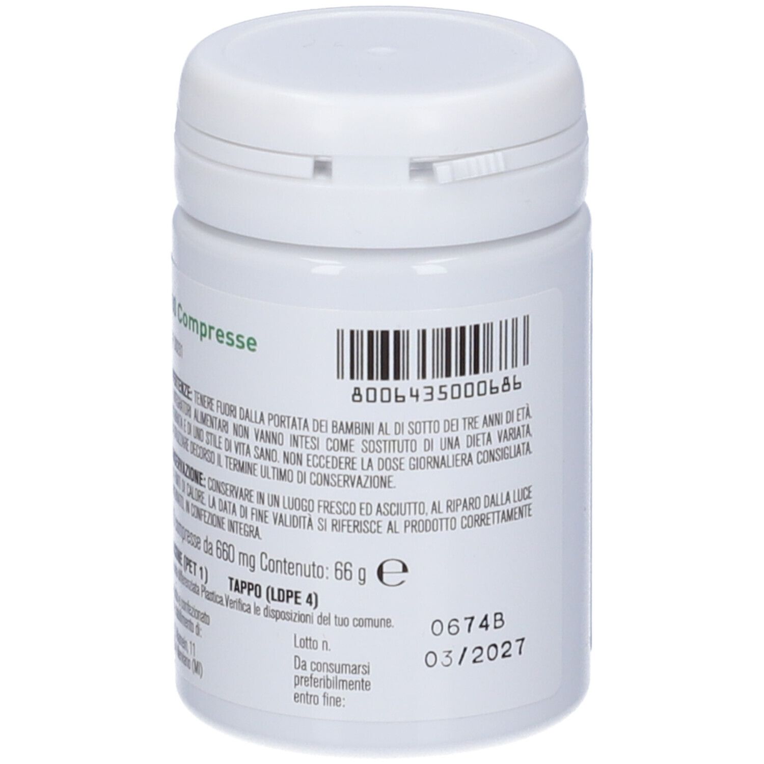 Contenitore cilindrico bianco con tappo a vite. Scritta: Sodio Bicarbonato 500mg. Etichetta con ingredienti e dosaggio.