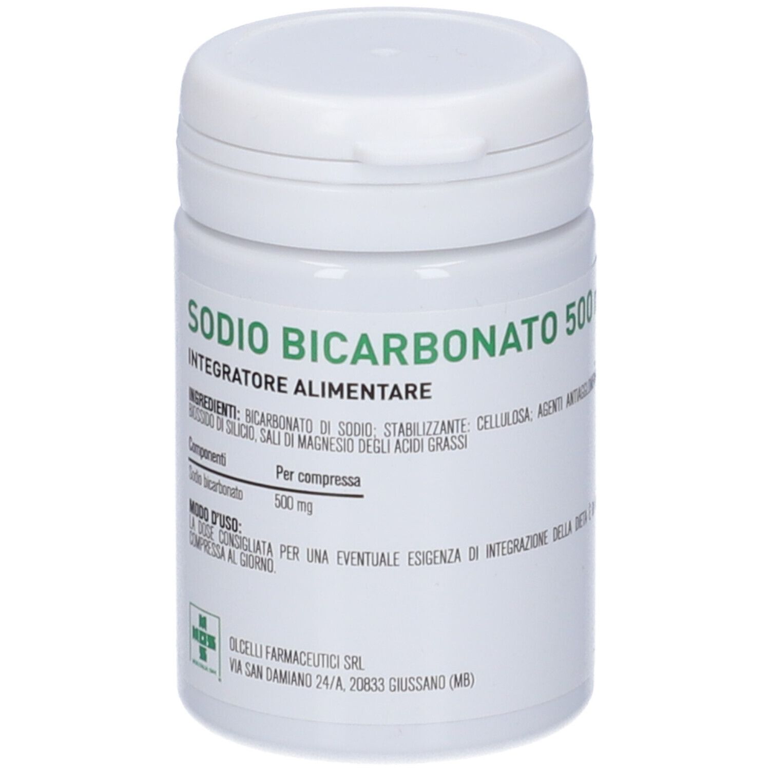 Contenitore cilindrico bianco con tappo a vite. Scritta: Sodio Bicarbonato 500mg. Etichetta con ingredienti e dosaggio.