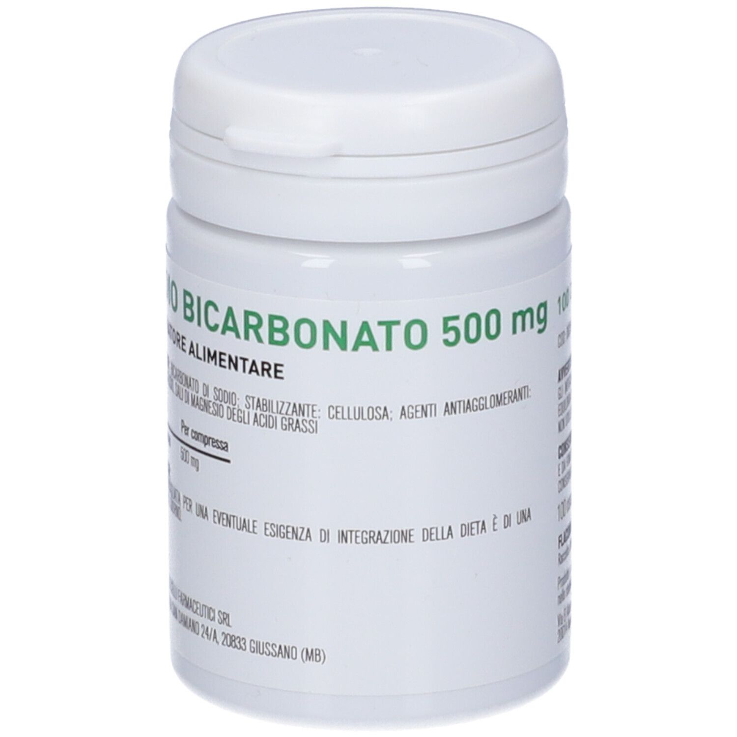 Contenitore cilindrico bianco con tappo a vite. Scritta: Sodio Bicarbonato 500mg. Etichetta con ingredienti e dosaggio.