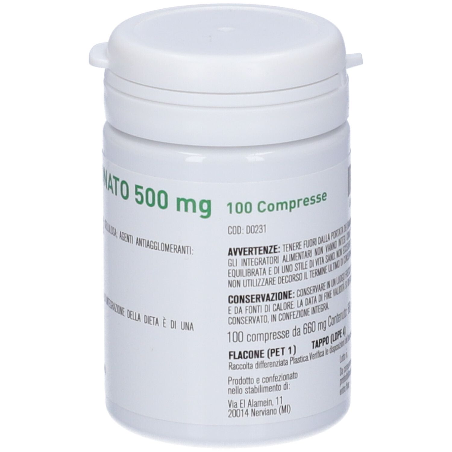 Contenitore cilindrico bianco con tappo a vite. Scritta: Sodio Bicarbonato 500mg. Etichetta con ingredienti e dosaggio.