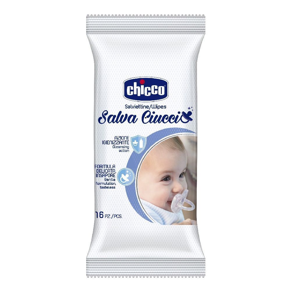 Confezione bianca con logo blu e nome del prodotto. Immagine di un bambino con un ciuccio. Testo: Salviettine/Wipes, 16 pezzi.