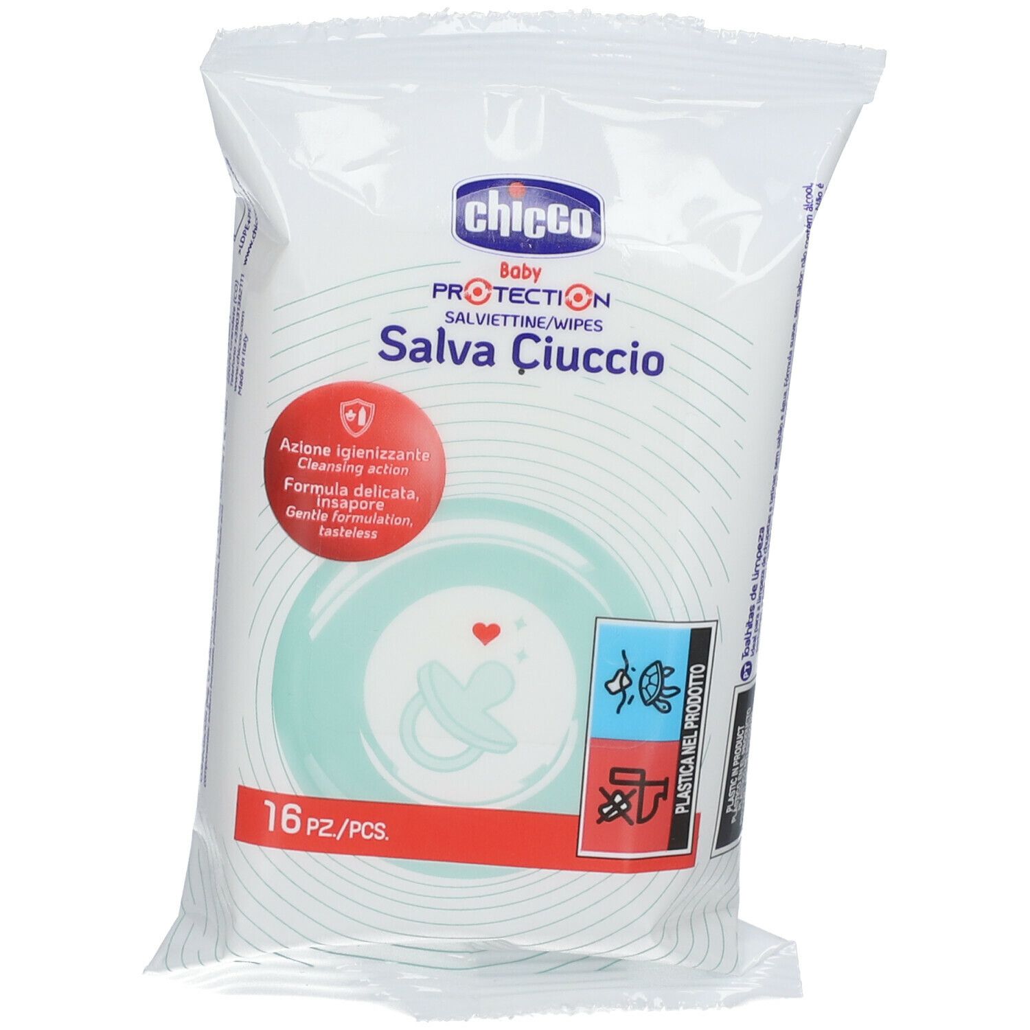Confezione bianca con logo blu e nome del prodotto. Immagine di un ciuccio. Testo: Salva Ciuccio, 16 pezzi.