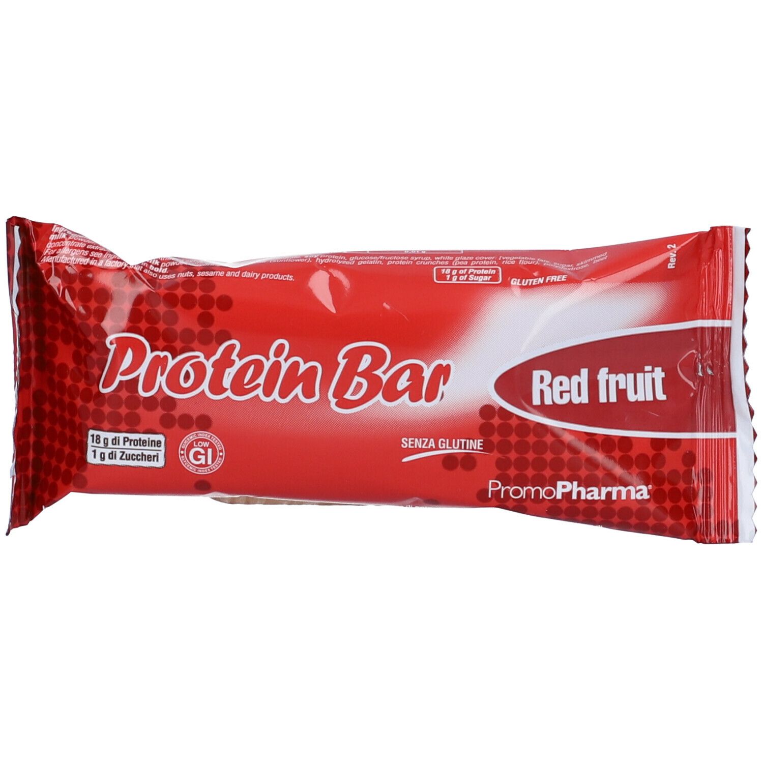 Confezione rossa Protein Bar. Scritta: Protein Bar, Red fruit, PromoPharma. Senza glutine. 18g proteine, 1g zuccheri.