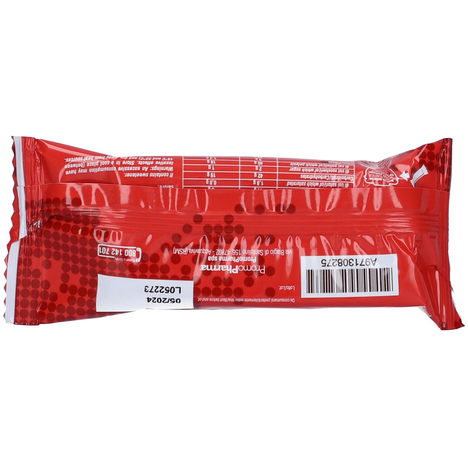 Retro della confezione rossa Protein Bar. Scritta: PromoPharma. Codice a barre e data di scadenza.