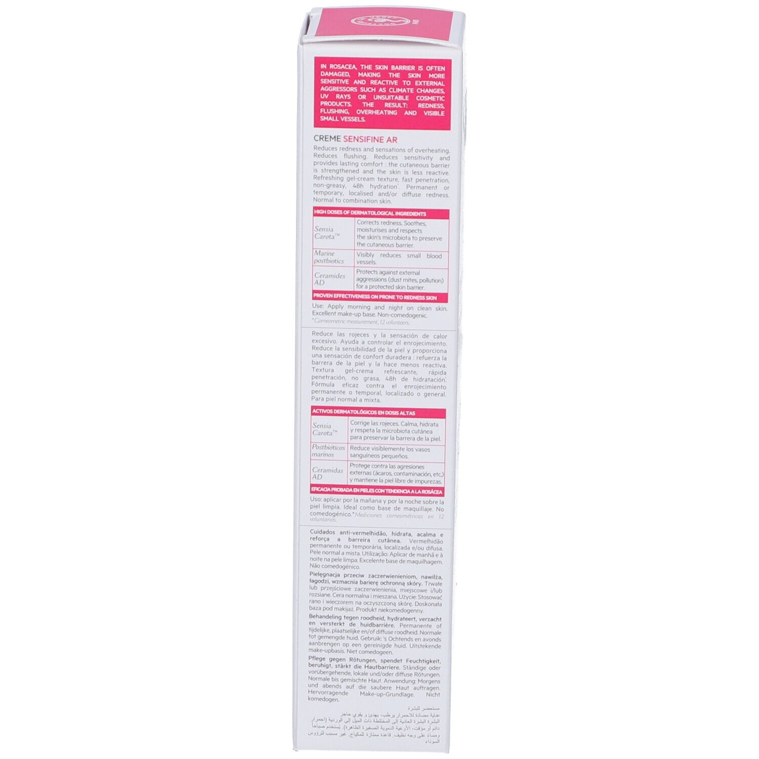 Schachtel mit SVR SENSIFINE AR. Enthält Text über Inhaltsstoffe und Anwendung. Rosa Akzente.