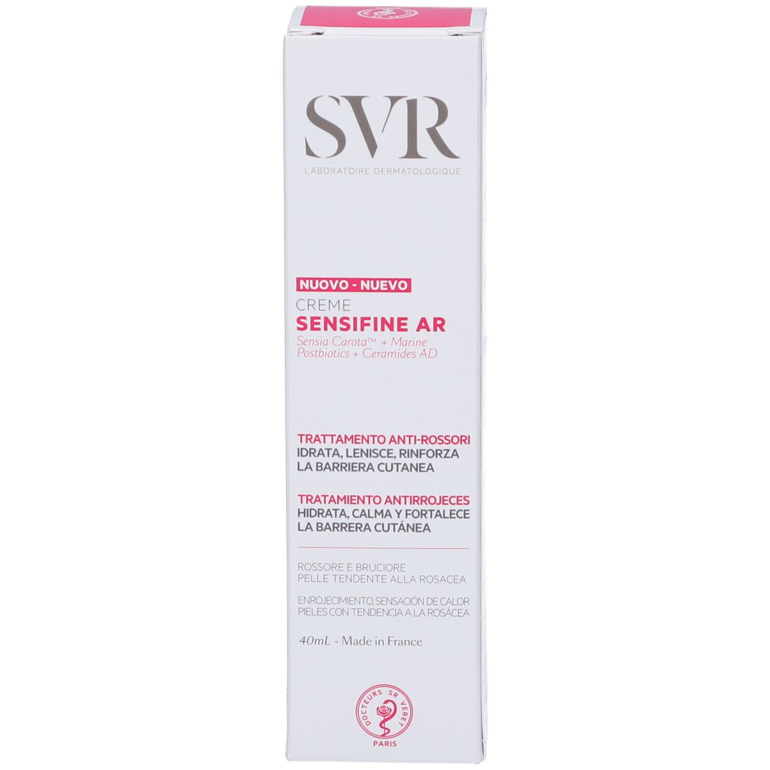 Schachtel mit SVR SENSIFINE AR. Enthält Text über Anti-Rötung und Inhaltsstoffe. Rosa Akzente.
