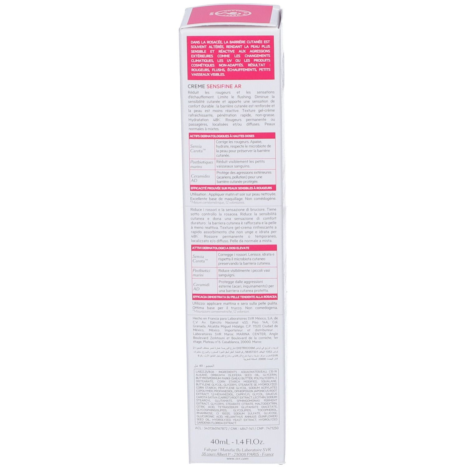 Schachtel mit SVR SENSIFINE AR. Enthält Text über Rosacea und Inhaltsstoffe. Rosa Akzente.