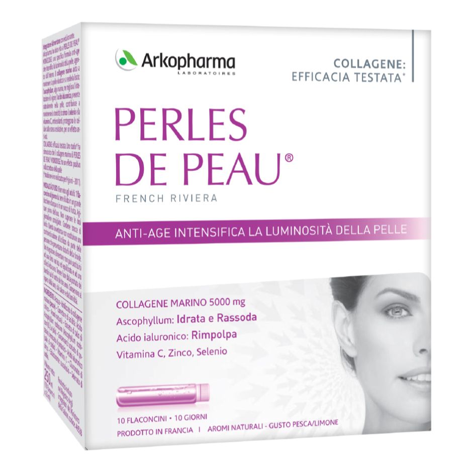 Confezione di Arkopharma Perles de Peau. Contiene 10 flaconcini. Scritta: Anti-età, intensifica la luminosità della pelle.