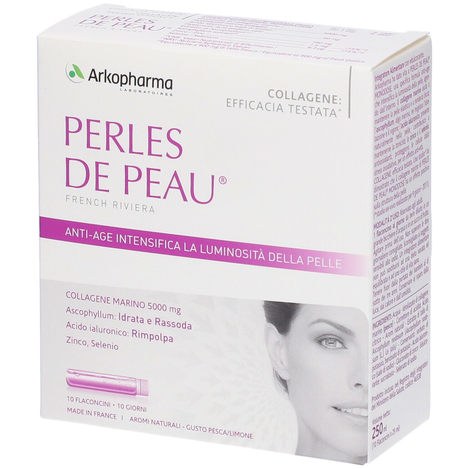 Confezione di Arkopharma Perles de Peau. Contiene 10 flaconcini. Scritta: Anti-età, intensifica la luminosità della pelle.