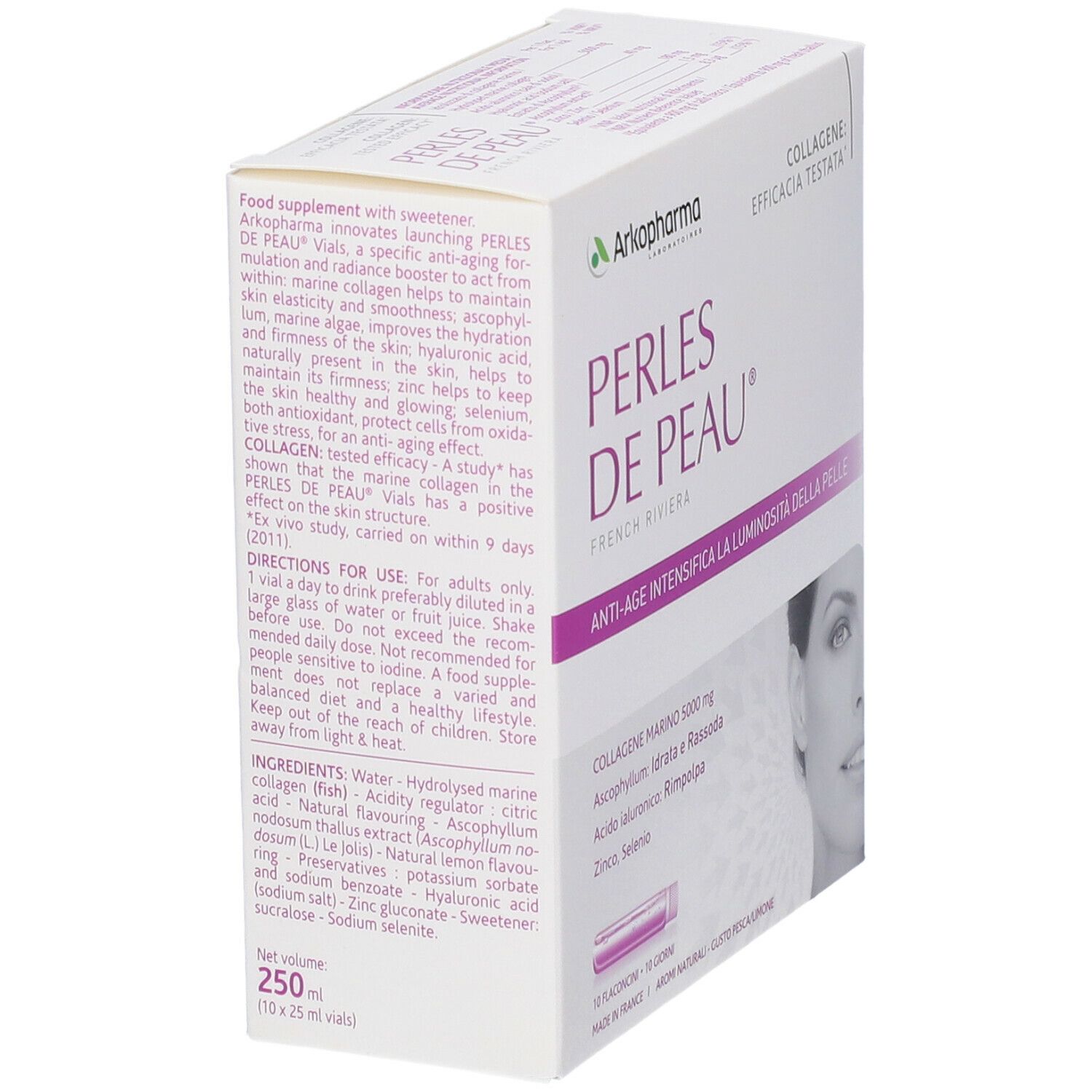 Confezione di Arkopharma Perles de Peau. Contiene 10 flaconcini. Scritta: Anti-età, intensifica la luminosità della pelle.