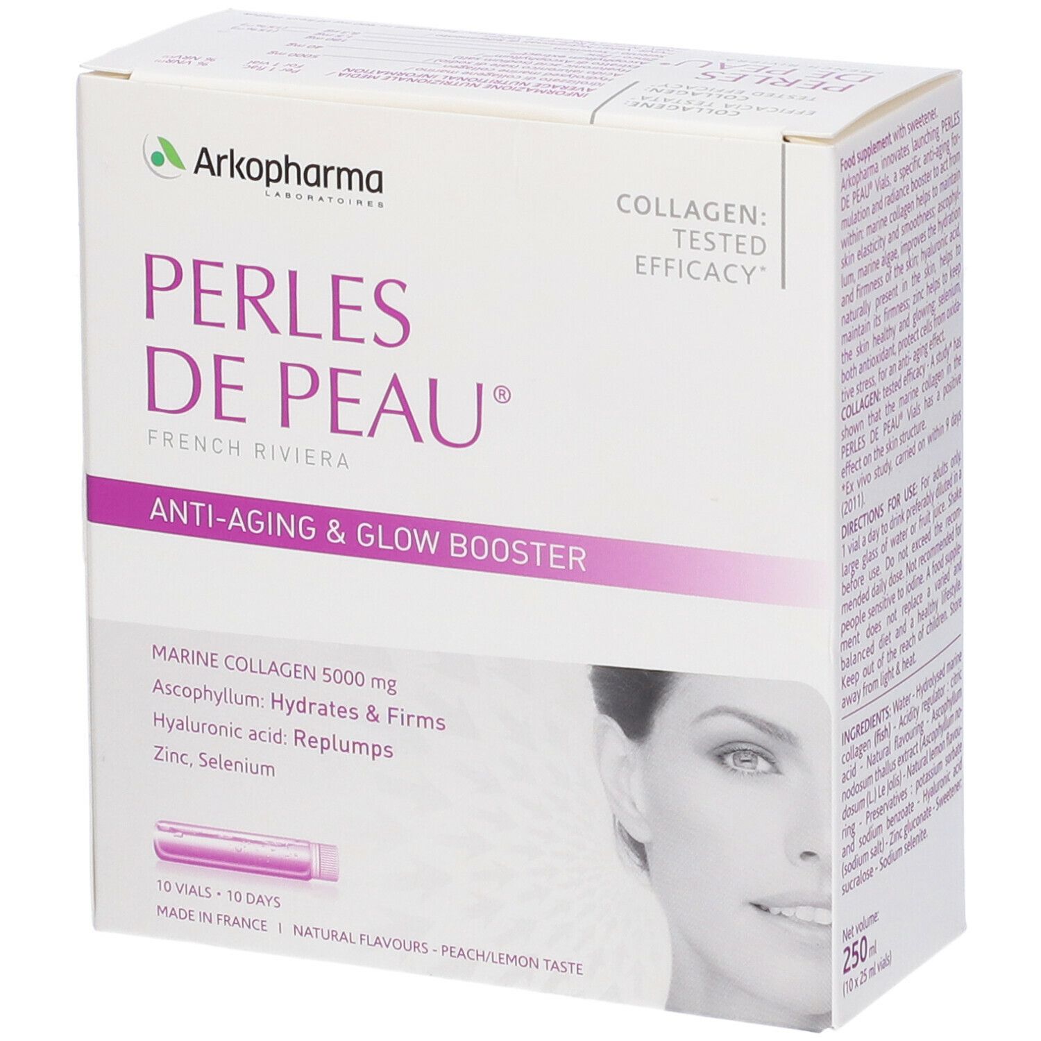 Confezione di Arkopharma Perles de Peau. Contiene 10 flaconcini. Scritta: Anti-età & booster di luminosità.