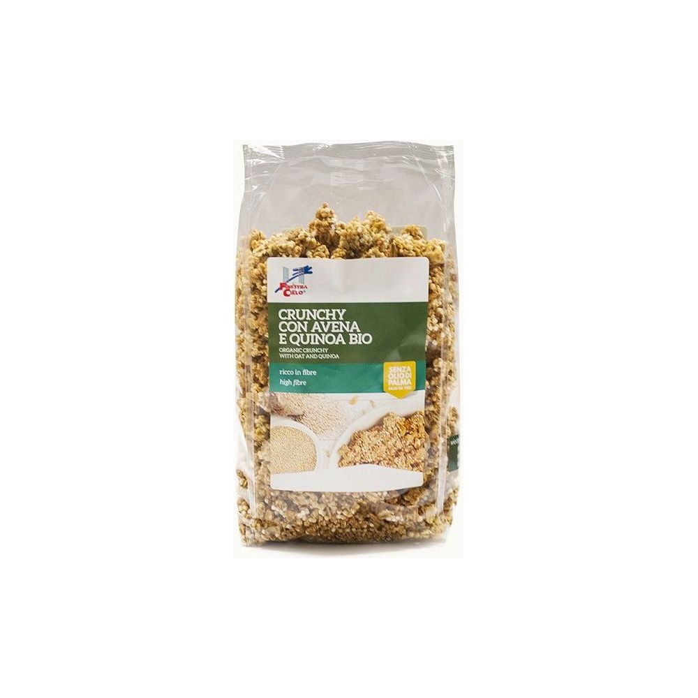 Confezione trasparente di Crunchy Con Avena E Quinoa Bio. Etichetta verde con nome e logo del prodotto. Contenuto visibile.