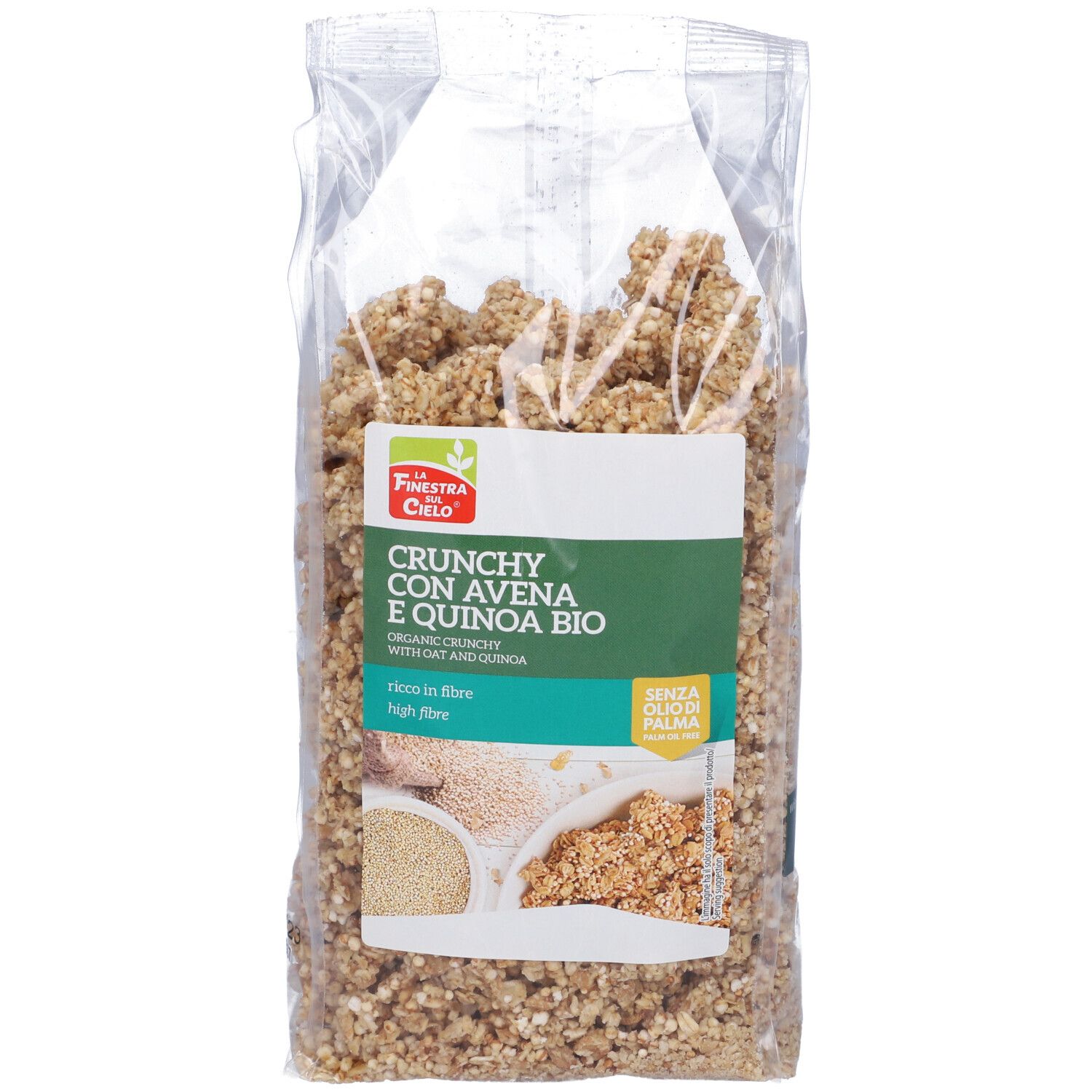 Confezione di Crunchy Con Avena E Quinoa Bio. Etichetta verde con nome e logo. 'Ricco in fibre' e 'Senza glutine'.