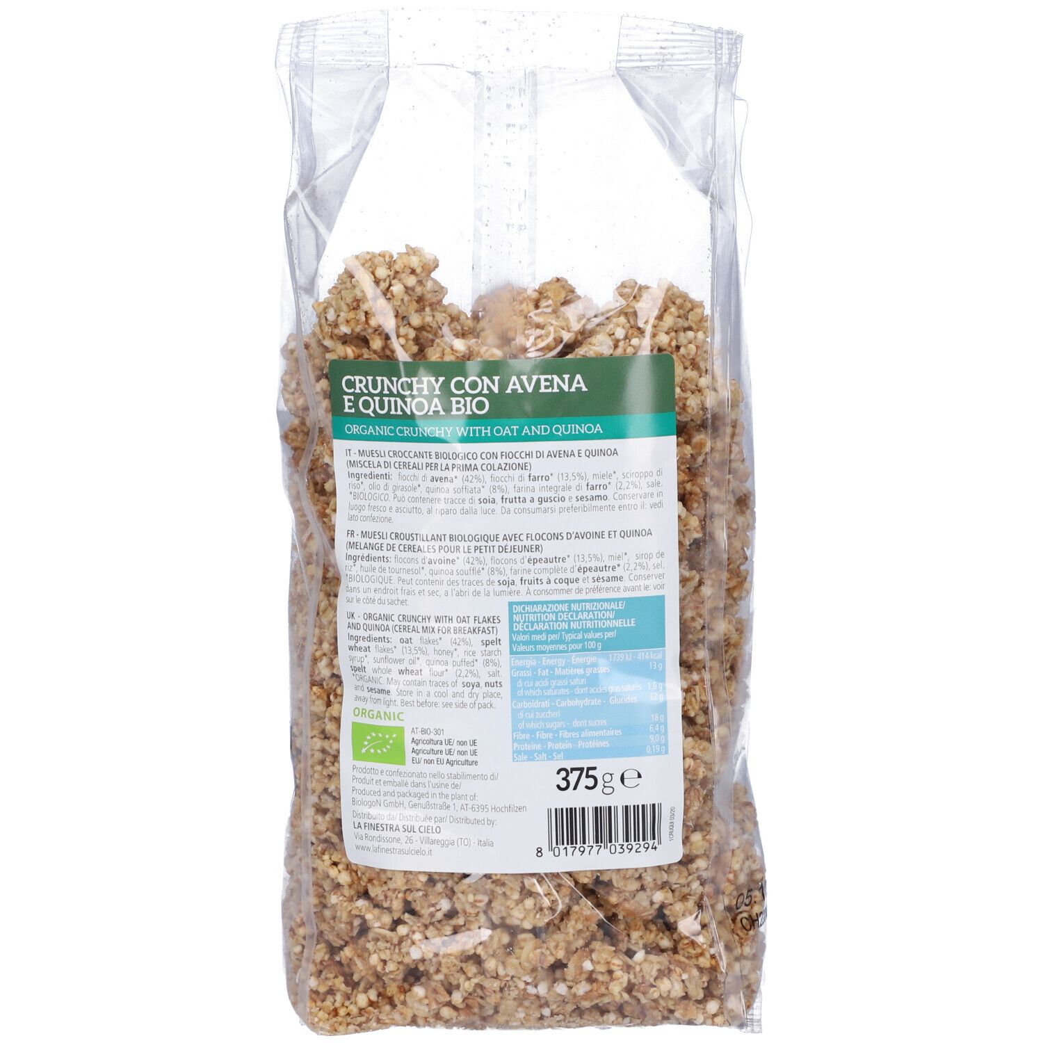 Retro della confezione di Crunchy Con Avena E Quinoa Bio. Testo multilingue. Peso 375g. Certificazione biologica.