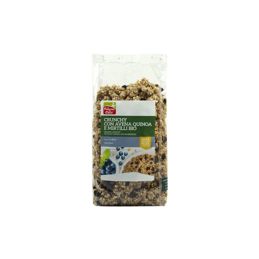 Confezione trasparente di Crunchy Con Avena Quinoa E Mirtilli. Etichetta con nome prodotto, mirtilli e logo bio.
