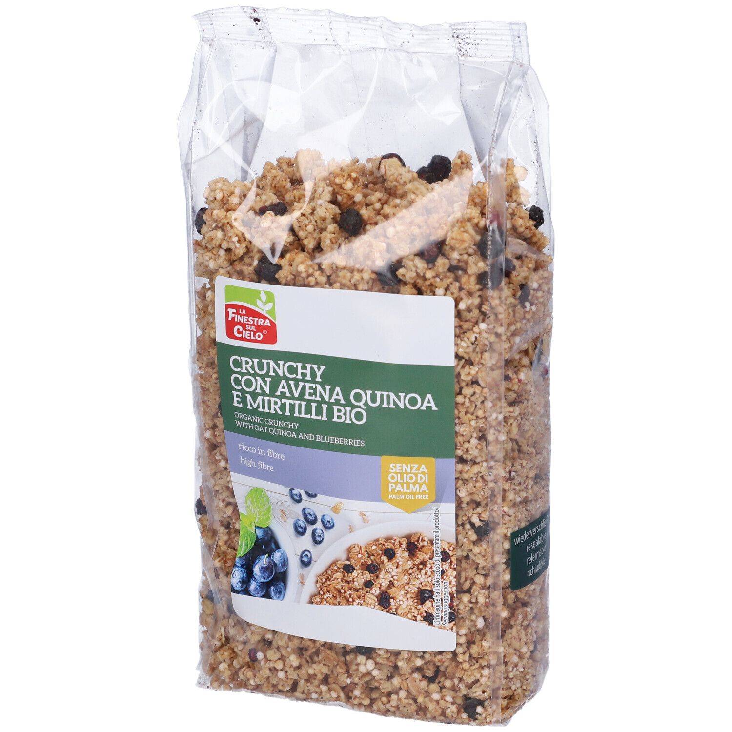 Confezione di Crunchy Con Avena Quinoa E Mirtilli. Nome prodotto, immagine mirtilli e logo bio sulla confezione.