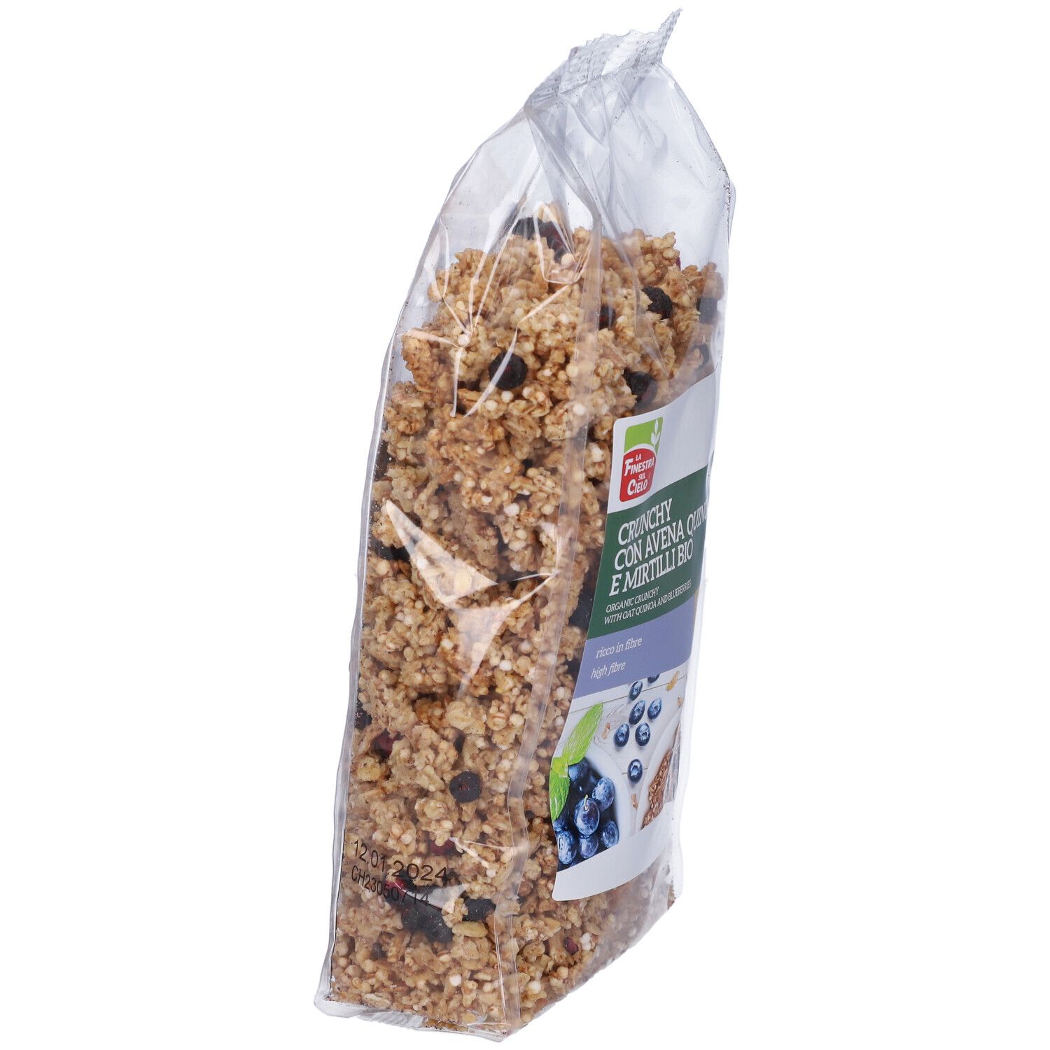 Confezione inclinata di Crunchy Con Avena Quinoa E Mirtilli. Nome prodotto, immagine mirtilli e logo bio.