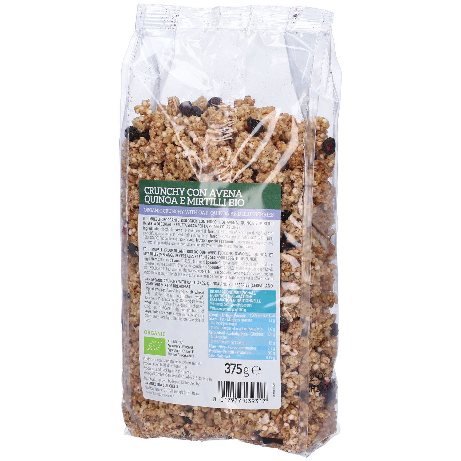 Retro confezione Crunchy Con Avena Quinoa E Mirtilli. Informazioni prodotto, logo bio e peso 375g.