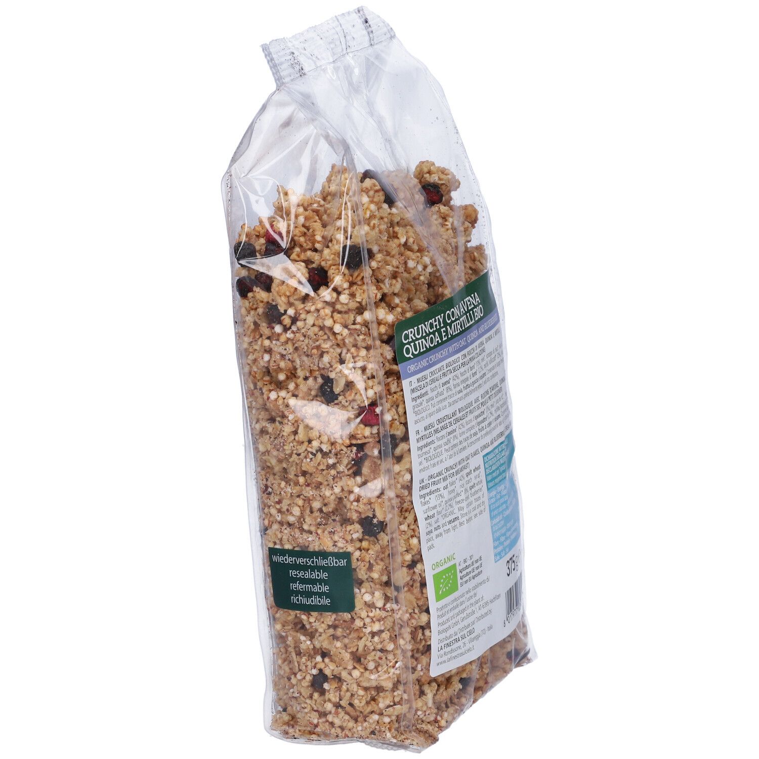 Confezione inclinata di Crunchy Con Avena Quinoa E Mirtilli. Richiudibile, logo bio e informazioni prodotto.