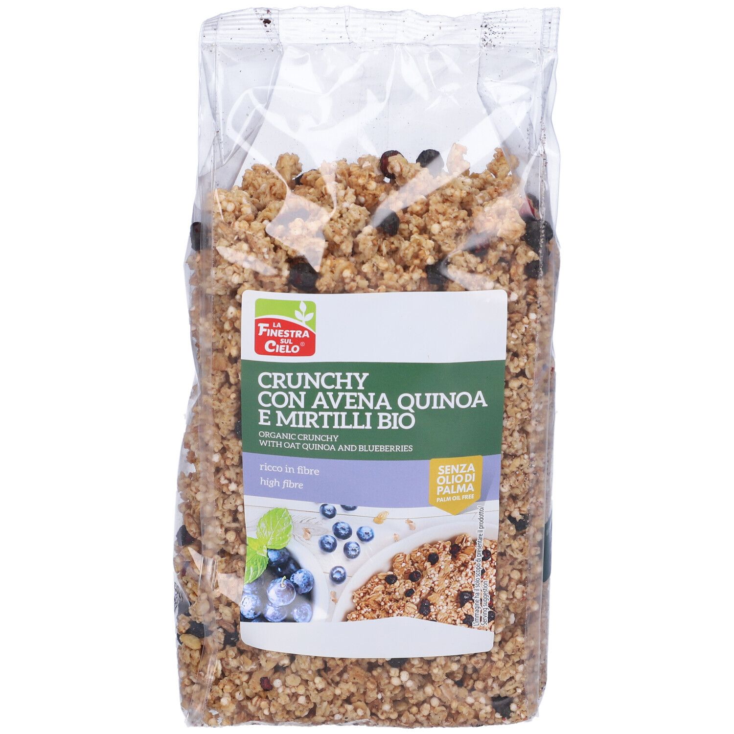 Confezione di Crunchy Con Avena Quinoa E Mirtilli. Nome prodotto, immagine mirtilli e logo bio.