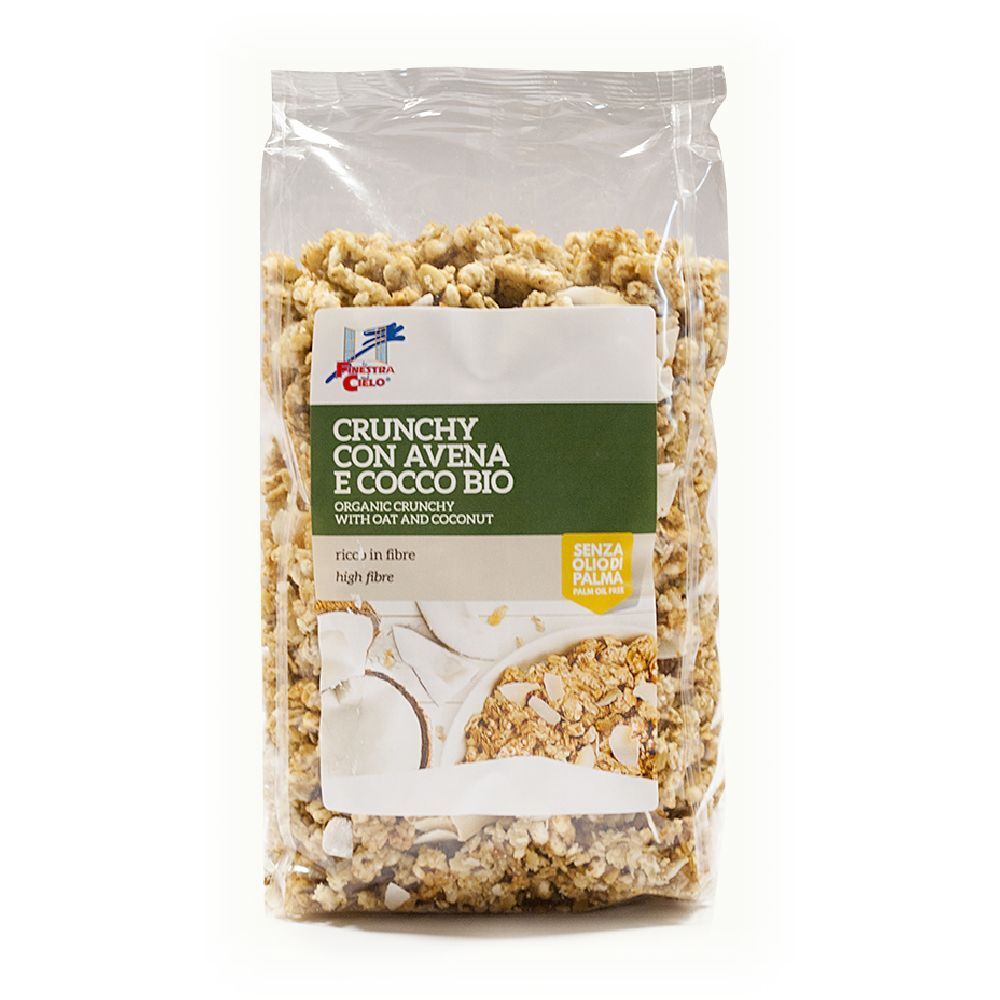Sacchetto trasparente di granola. Scritto: Crunchy con Avena e Cocco Bio. Contiene avena e cocco. Alto contenuto di fibre.