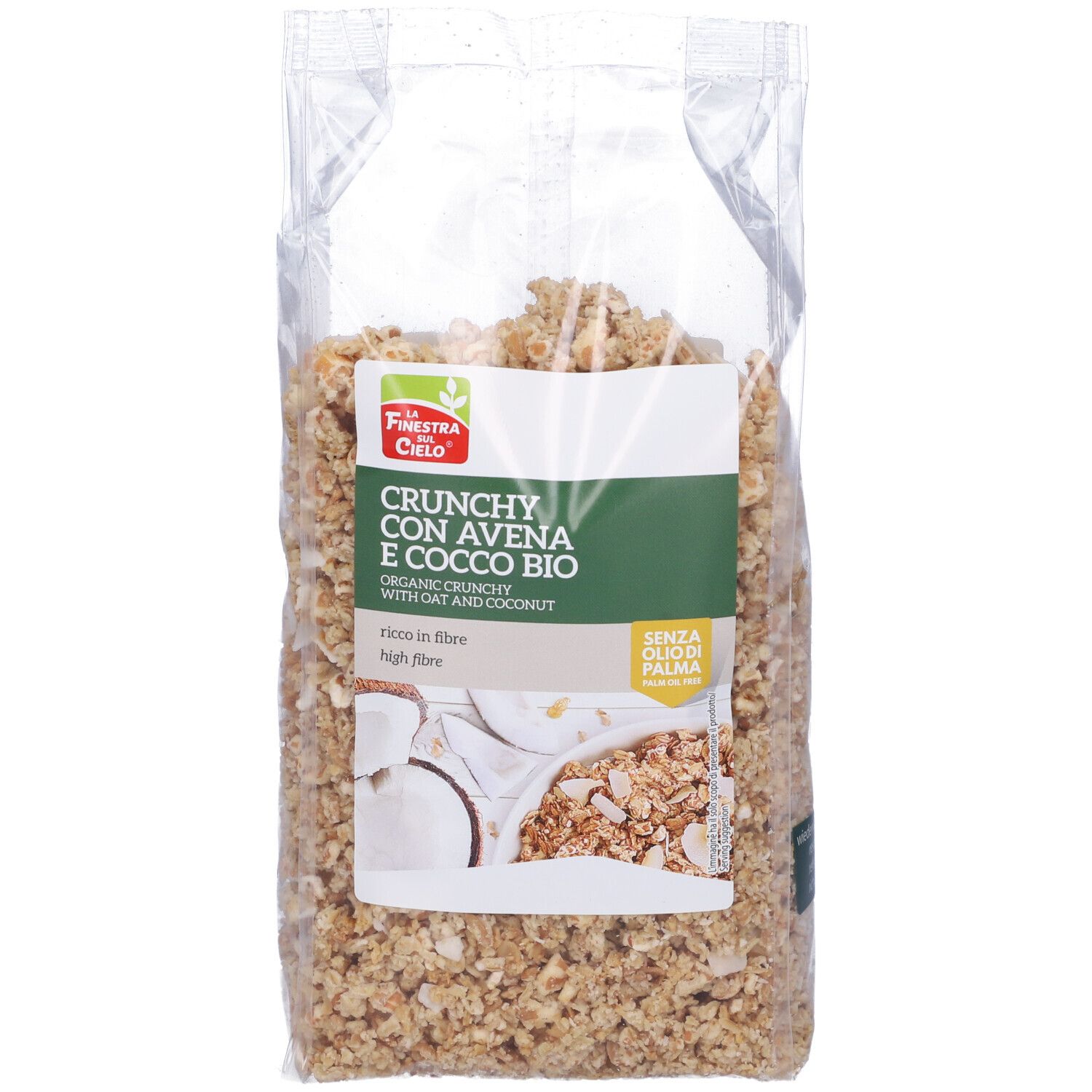 Sacchetto trasparente di granola. Scritto: Crunchy con Avena e Cocco Bio. Contiene avena e cocco. Senza olio di palma.