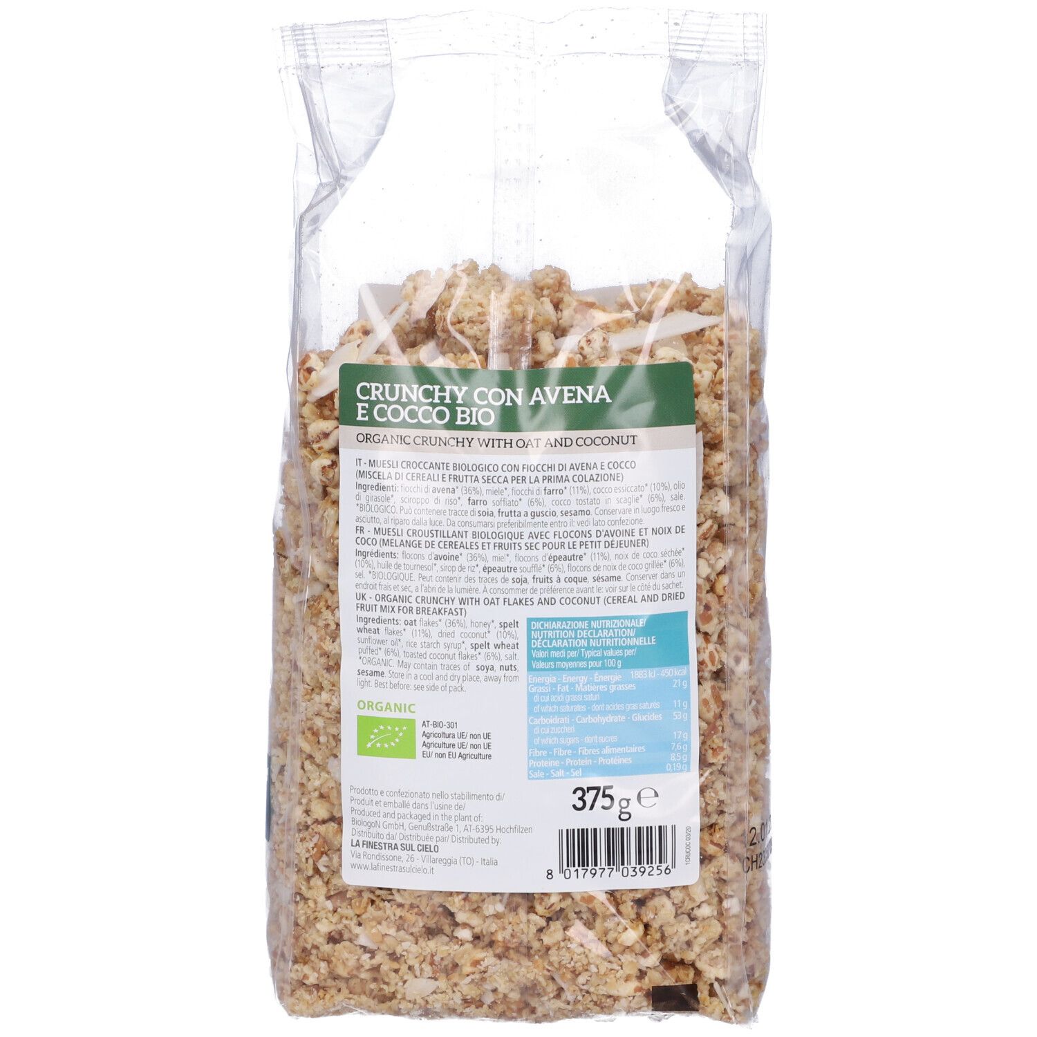 Retro del sacchetto trasparente di granola. Scritto: Crunchy con Avena e Cocco Bio. Contiene avena e cocco. 375g. Certificazione bio.