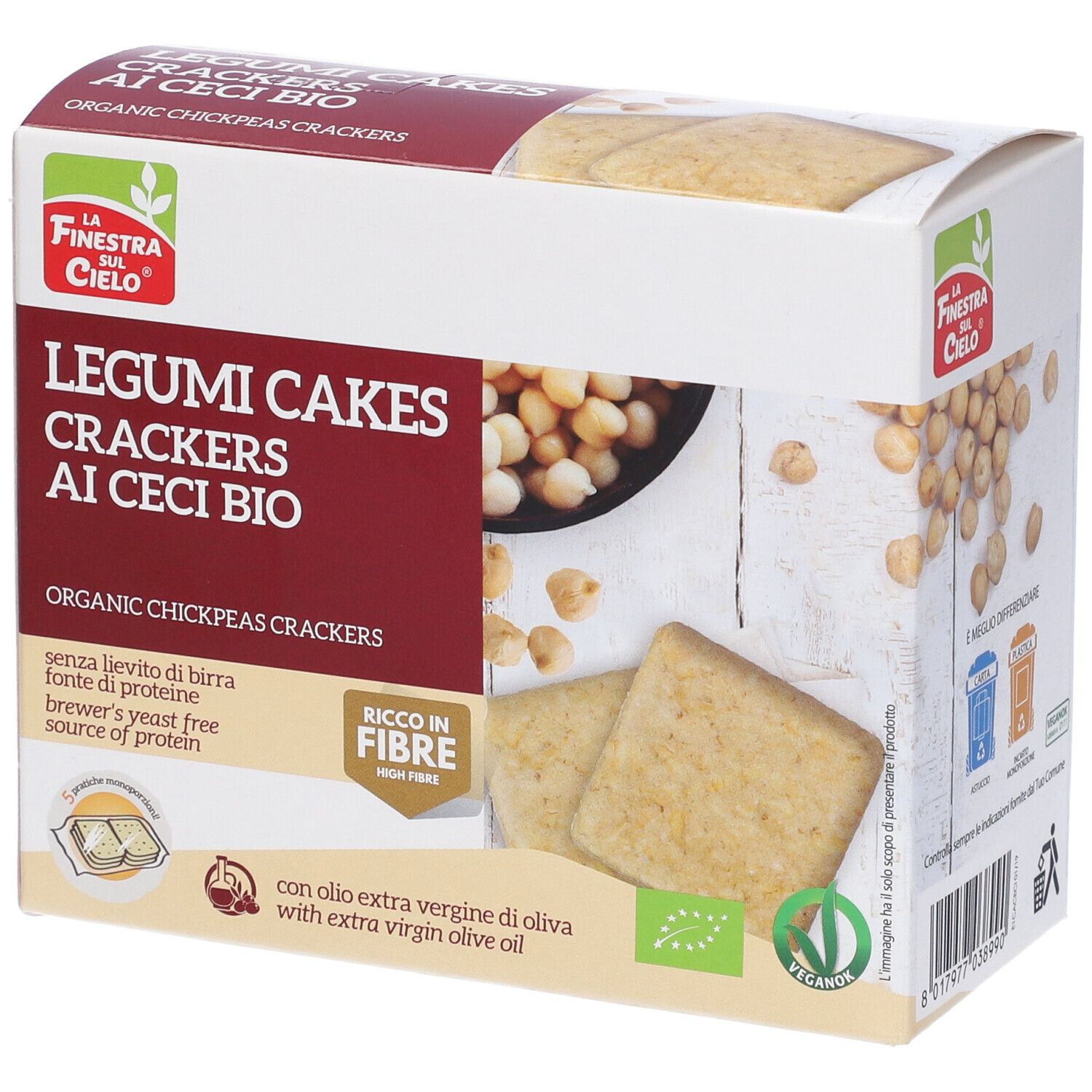 Confezione di cracker Legumicakes Di Ceci. Scritta: Legumi Cakes Crackers Ai Ceci Bio. Con olio d'oliva.
