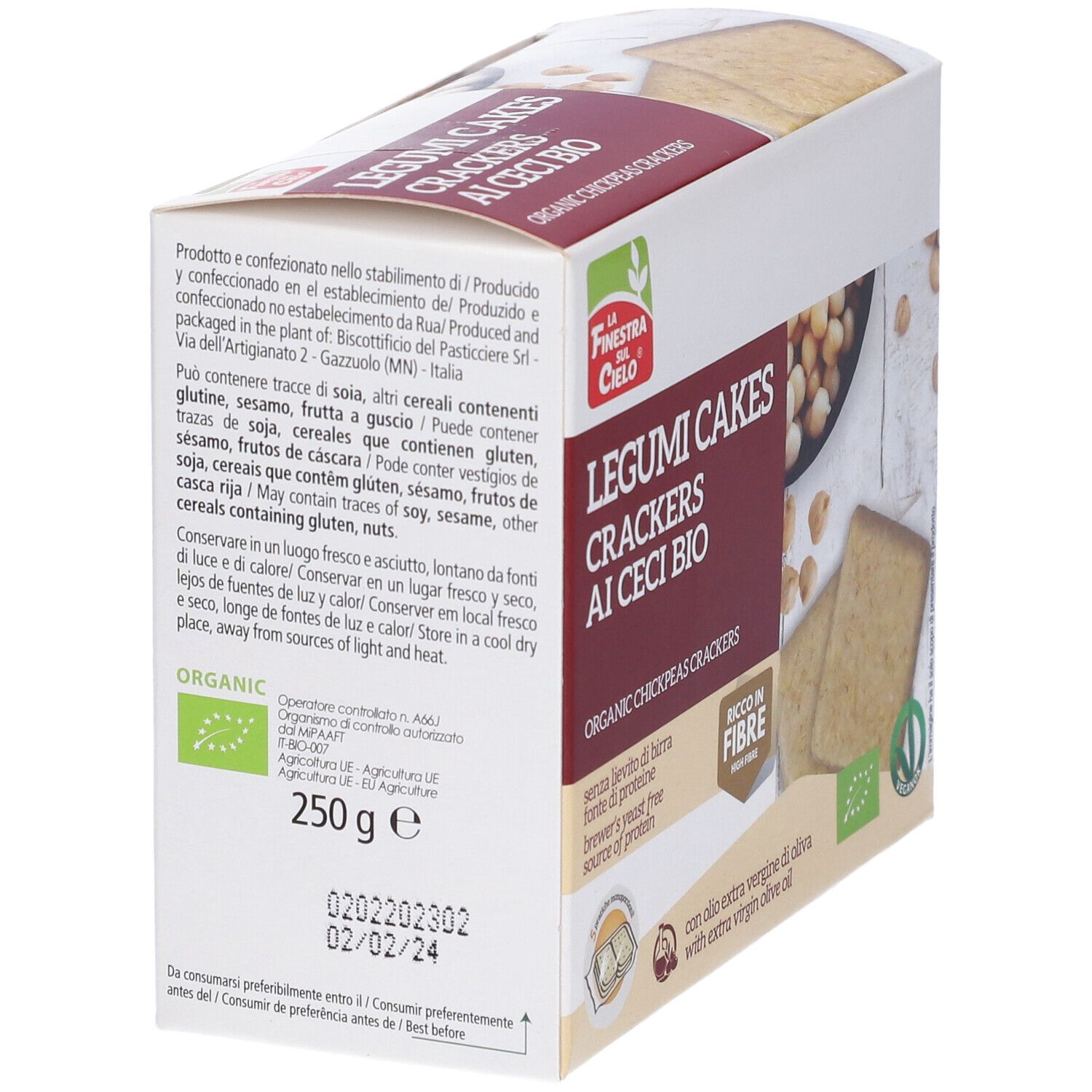 Retro confezione cracker Legumicakes Di Ceci. Testo: Legumi Cakes Crackers Ai Ceci Bio. 250g. Certificazione bio.