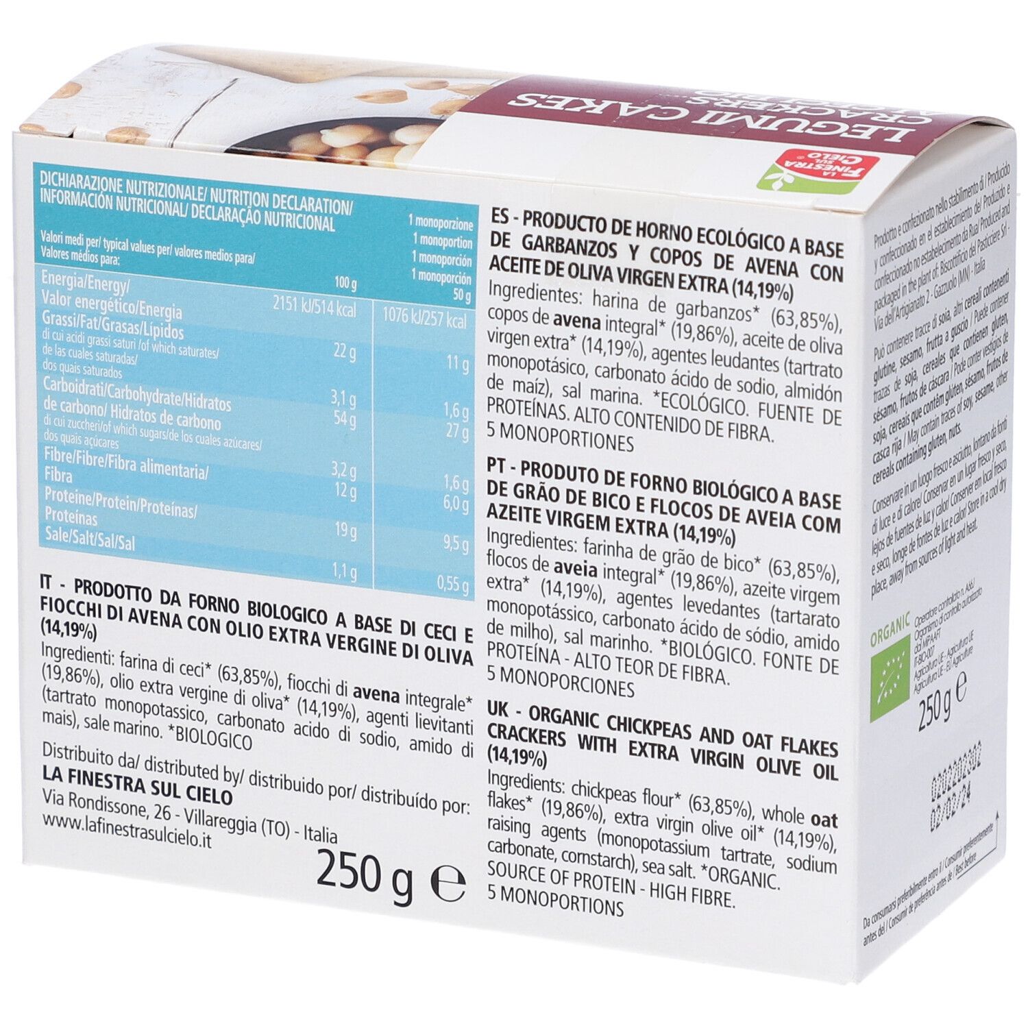 Lato confezione cracker Legumicakes Di Ceci. Testo: Dichiarazione nutrizionale. 250g. Elenco ingredienti multilingue.