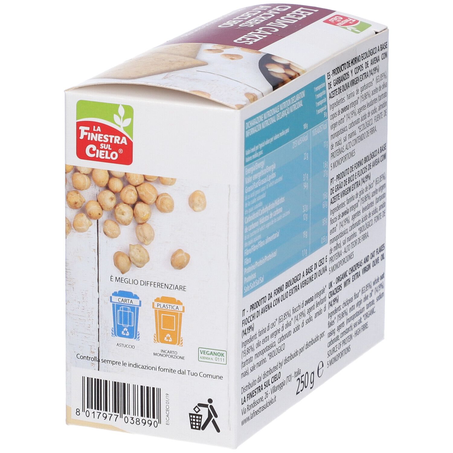 Retro confezione cracker Legumicakes Di Ceci. Testo: Legumi Cakes Crackers Ai Ceci Bio. 250g. Simboli riciclo.