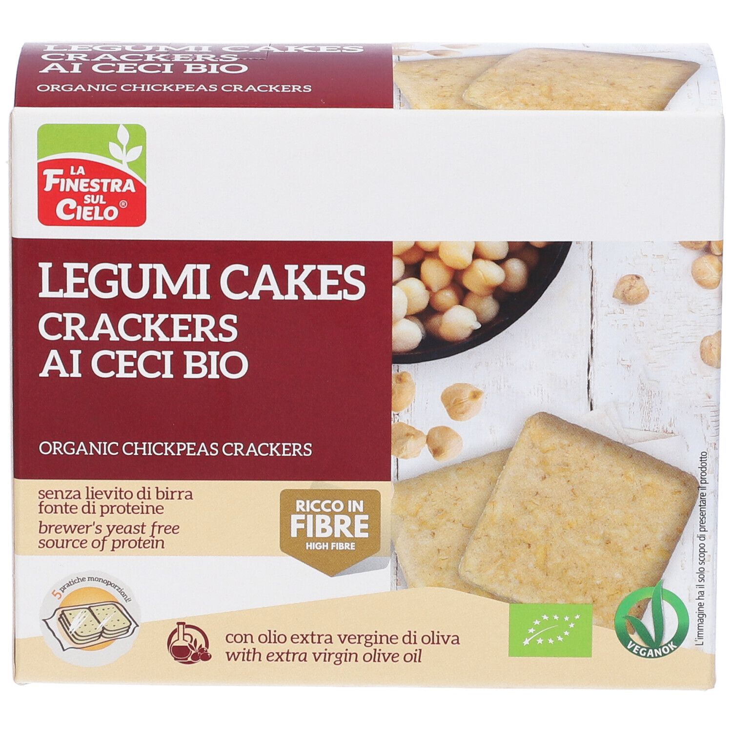 Confezione di cracker Legumicakes Di Ceci. Scritta: Legumi Cakes Crackers Ai Ceci Bio. Con olio d'oliva. Vegano.