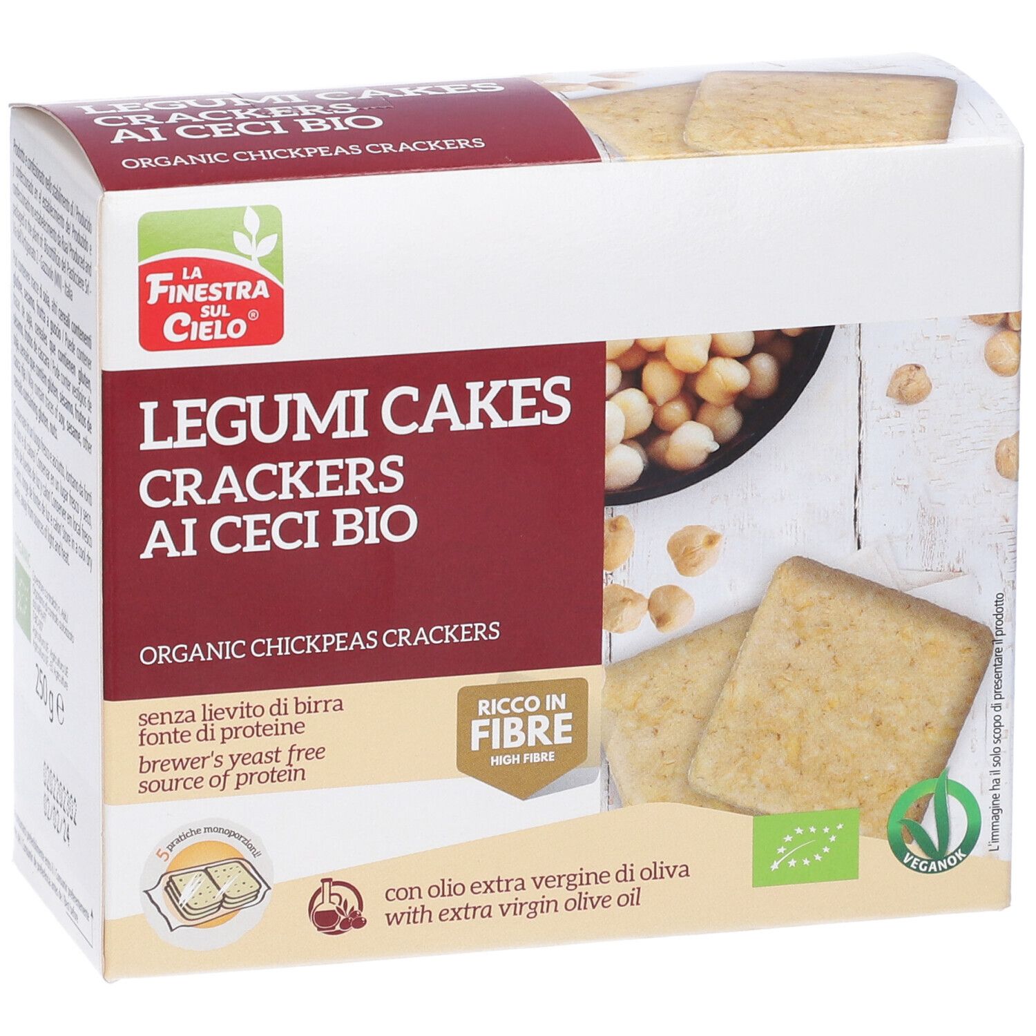 Confezione di cracker Legumicakes Di Ceci. Scritta: Legumi Cakes Crackers Ai Ceci Bio. Con olio d'oliva. Vegano.
