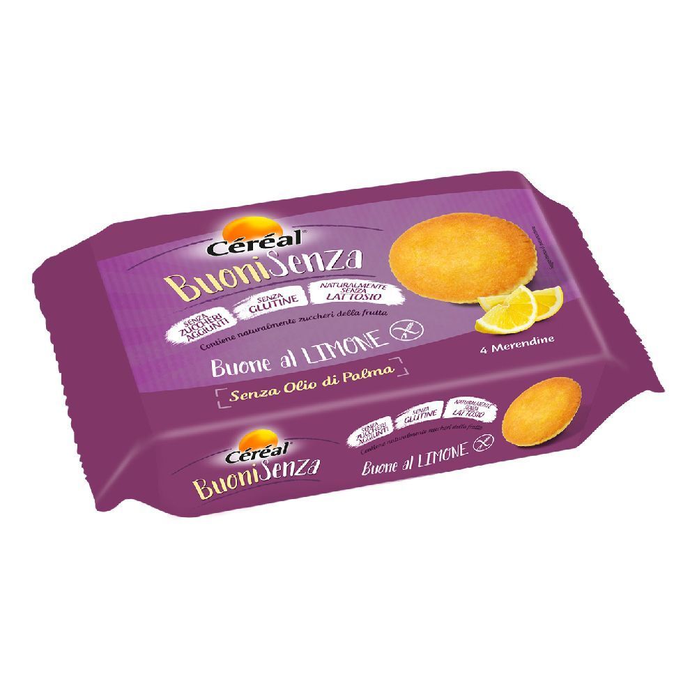 Confezione di biscotti Céréal Buoni Senza, Buone al Limone, senza glutine, senza lattosio. Fette di limone visibili.