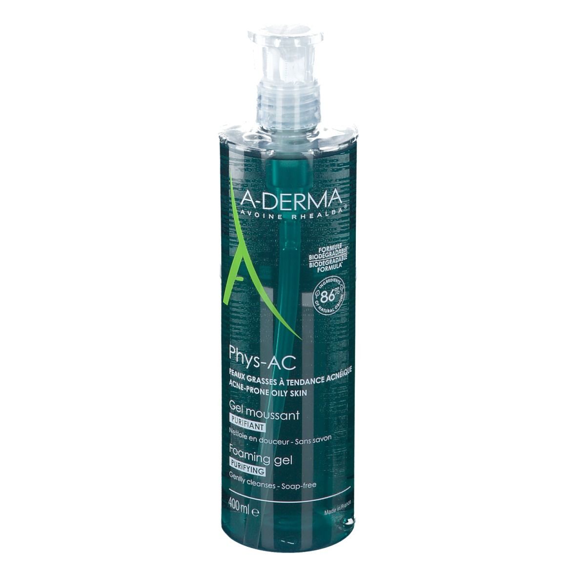 A-DERMA PHYS-AC Gel detergente. Flacone turchese con dosatore. Nome e logo visibili.