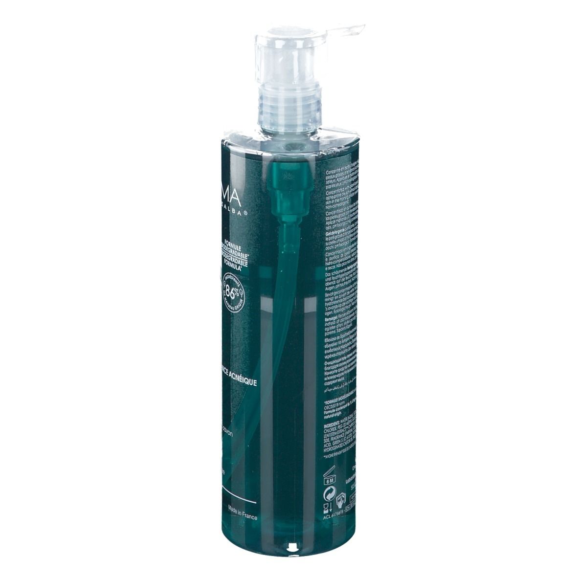 Retro del flacone A-DERMA PHYS-AC. Testo multilingue. Codice a barre e informazioni produttore.