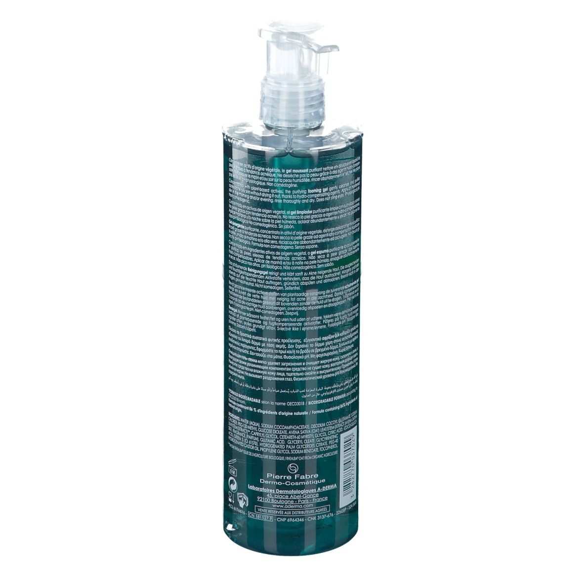 A-DERMA PHYS-AC Gel detergente. Flacone turchese con dosatore. Nome e logo visibili.